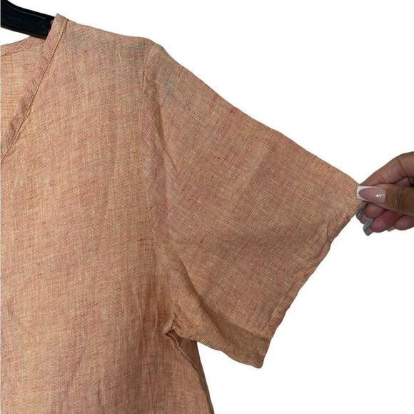 Flax Peach Short Sleeve 100% Linen Lagenlook Button Front Shirt Petite - Picture 6 of 9